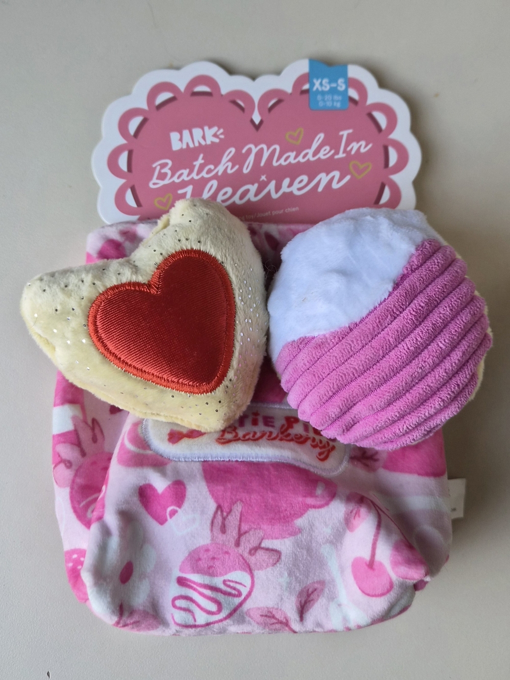 Bark 3-Piece Crinkle & Squeak Heart and Cupcake Plush Dog Toy Set